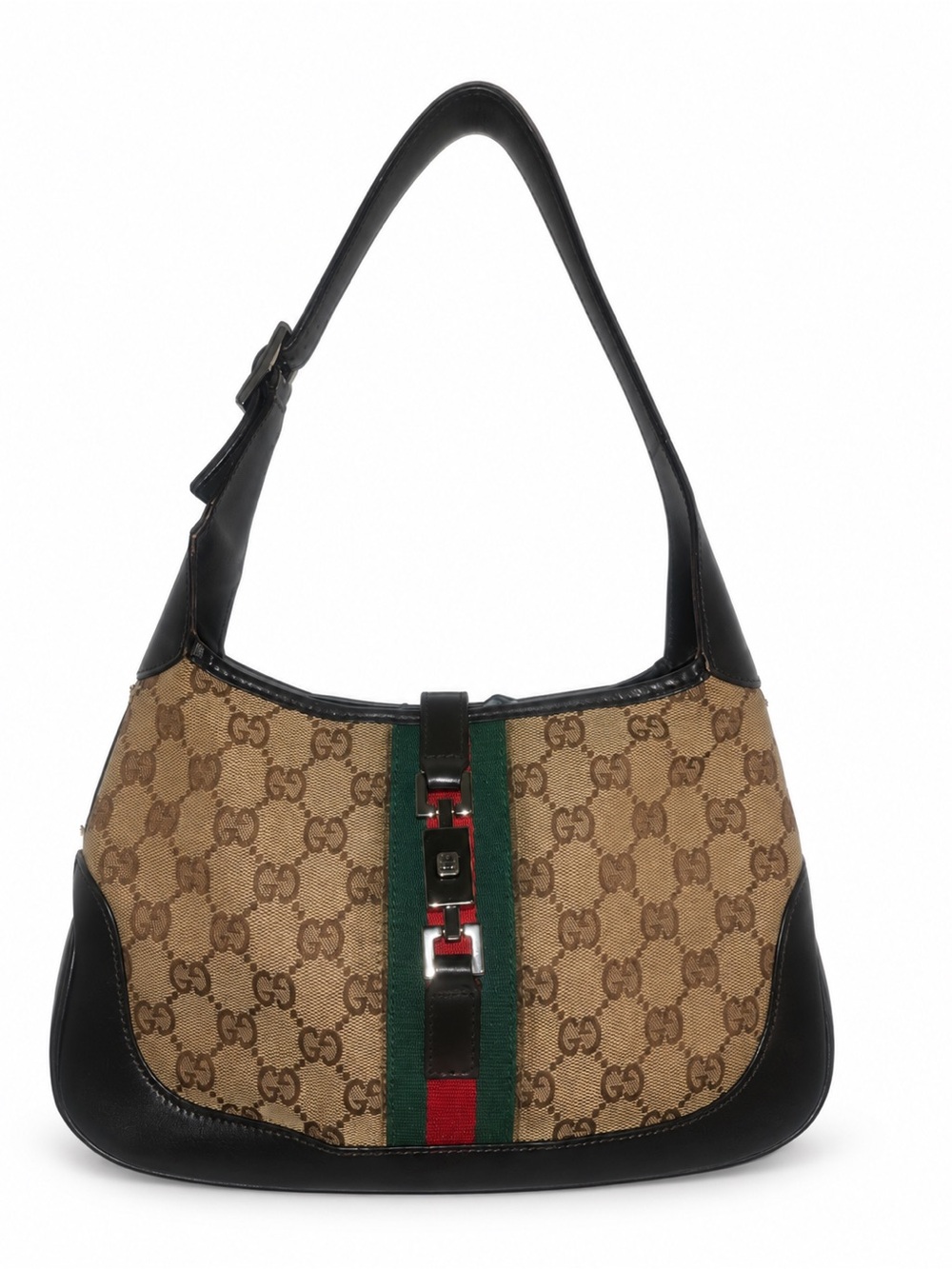 Gucci Brown GG Canvas Shoulder Bag with Black Trim and Green-Red Stripe - Picture 1 of 16